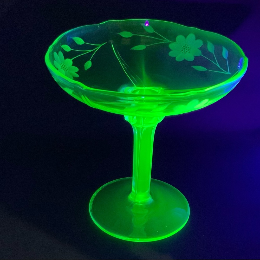 Flower Design Compote, Uranium Glass, Vaseline Glass,
